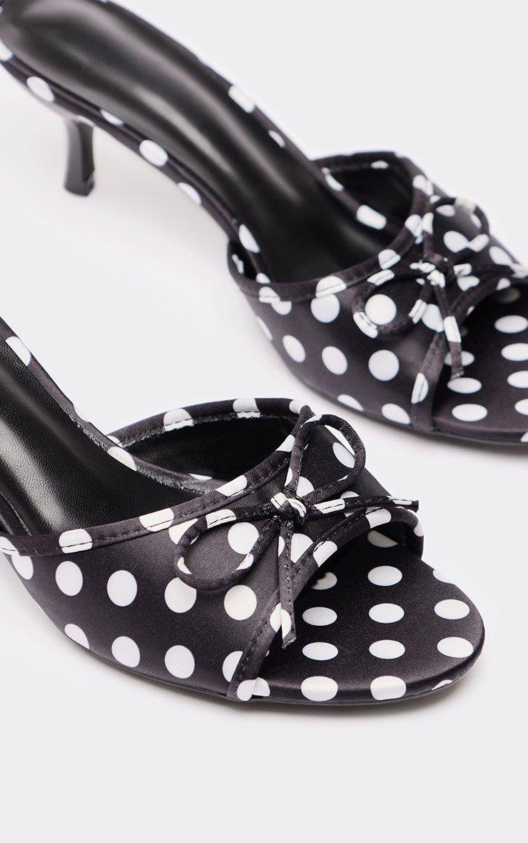 EGO Pia Bow Detail Peep Toe Kitten Heeled Mule In Black Polka Dot Print Satin, Women's Size UK 3 - 2