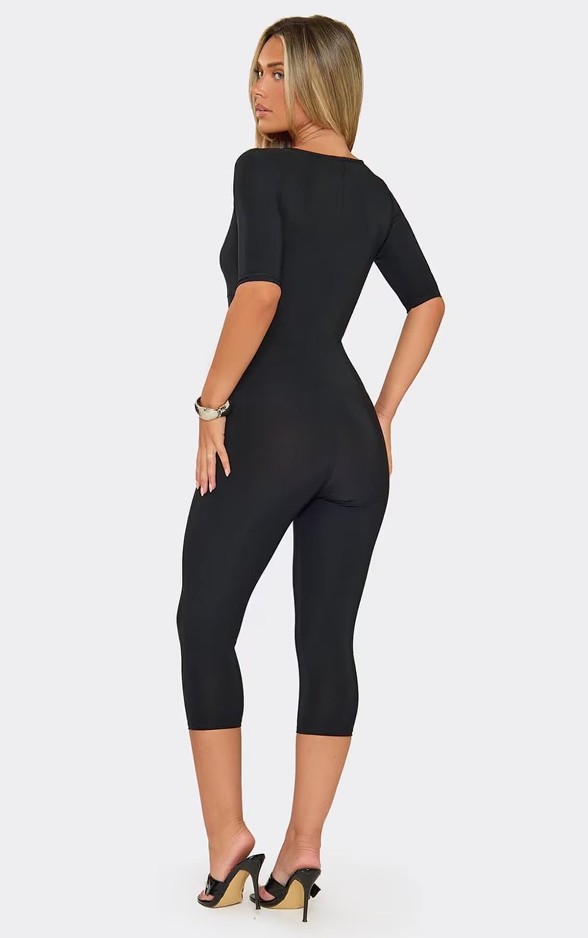 EGO Three Quarter Sleeve Plunge Front Capri Jumpsuit In Black, Women's Size UK 6