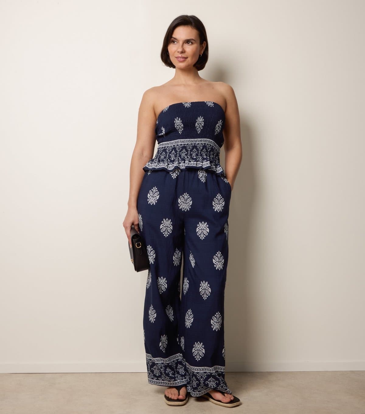 Blue Vanilla Women's Navy Bandeau Top and Wide Leg Trousers Set Blue Vanilla New Look