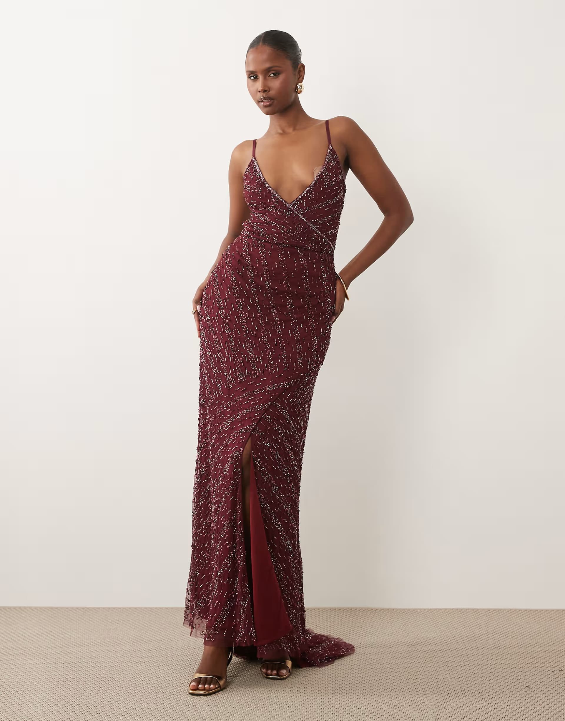 ASOS Beauut embellished cami v neck wrap maxi dress in burgundy
