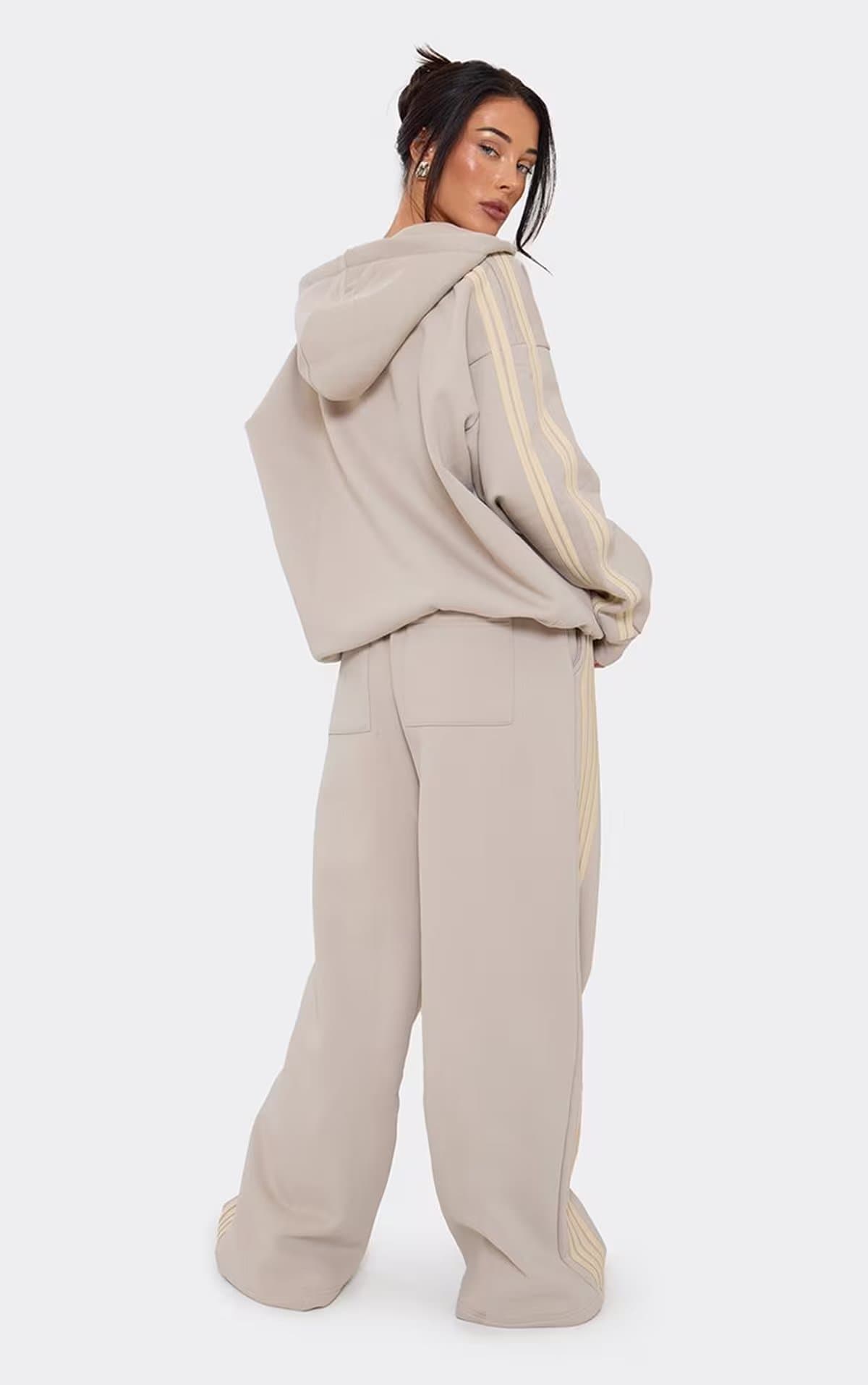 EGO Heavyweight Mid Rise Contrast Stripe Detail Wide Leg Joggers In Grey, Women's Size UK 6