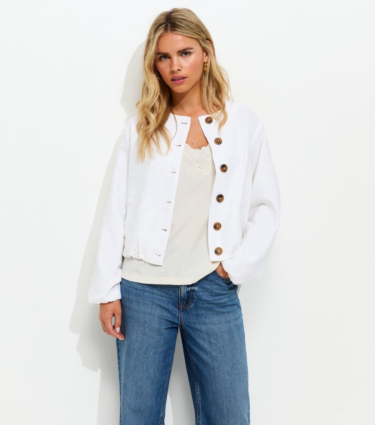 New Look Women's Petite White Linen Blend Button Through Bomber Jacket New Look