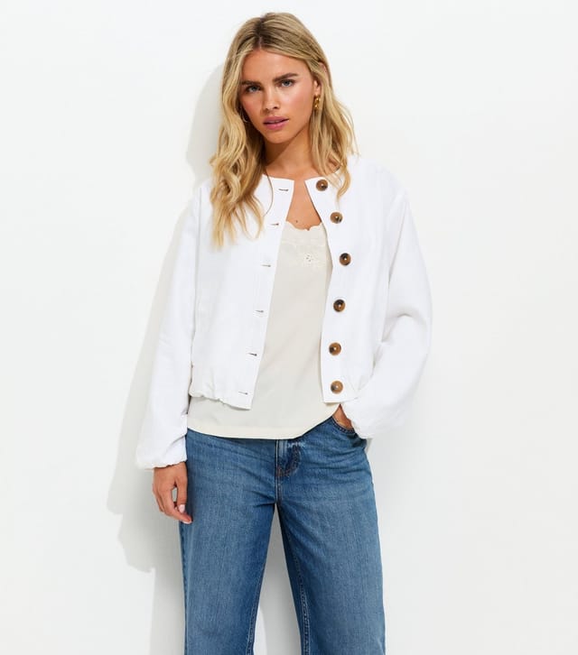 New Look Women's Petite White Linen Blend Button Through Bomber Jacket New Look - 2
