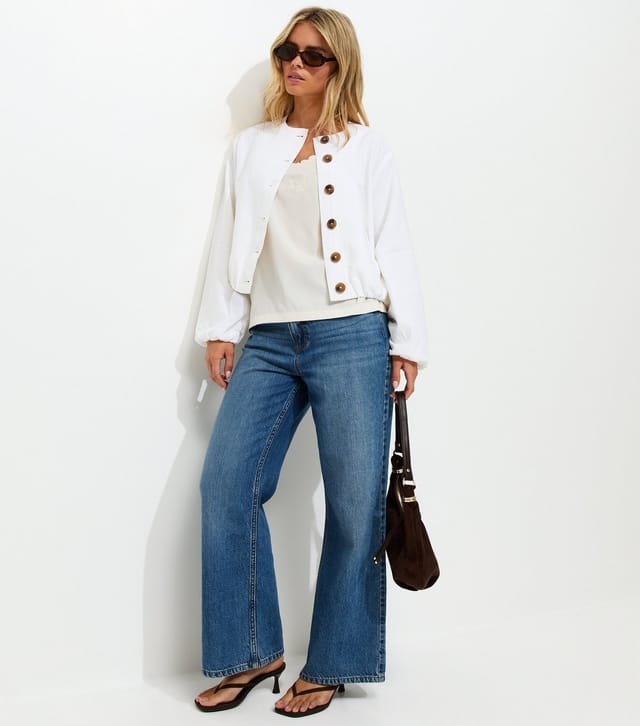 New Look Women's Petite White Linen Blend Button Through Bomber Jacket New Look - 3