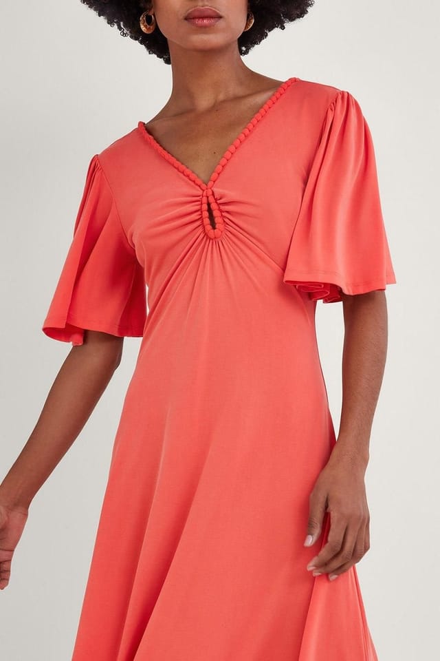 Monsoon Monsoon Women's Jersey Pom-Pom Trim Keyhole Detail Dress Pink - 2