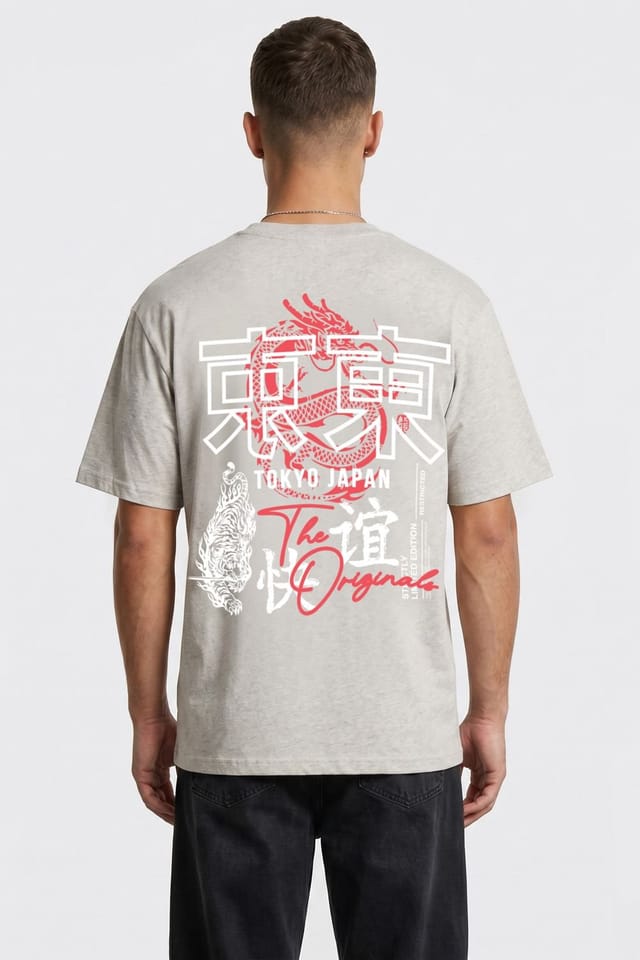 LONDON ATTITUDE LONDON ATTITUDE Men's Tokyo Dragon Premium Cotton Relaxed Fit T-Shirt in Light Grey - 2