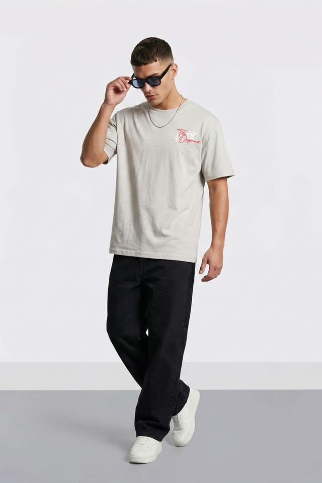 LONDON ATTITUDE LONDON ATTITUDE Men's Tokyo Dragon Premium Cotton Relaxed Fit T-Shirt in Light Grey - 3