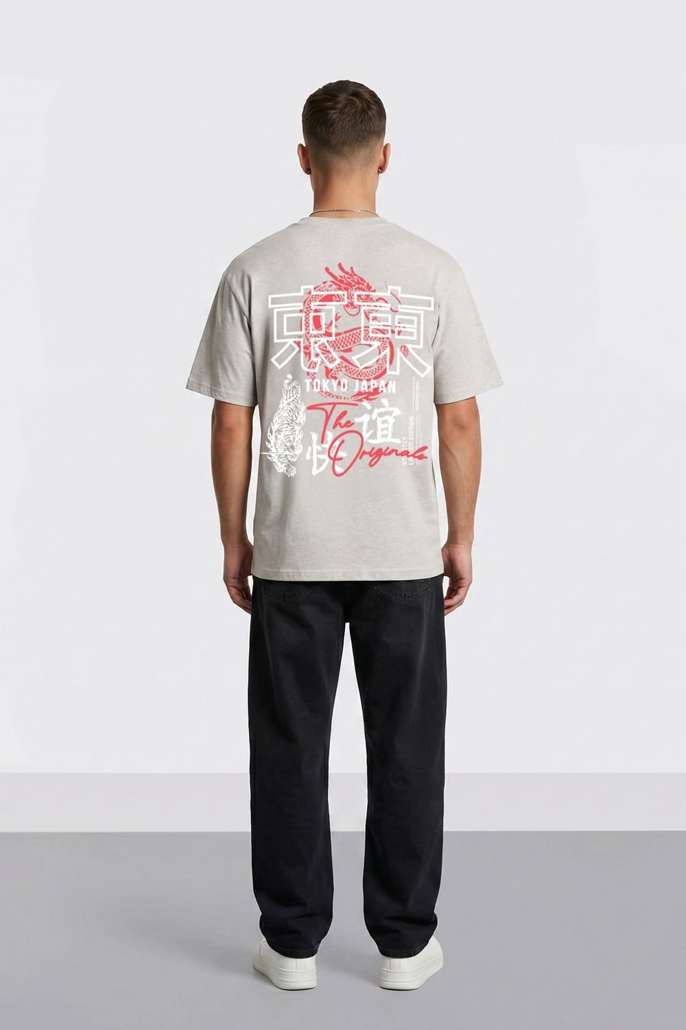 LONDON ATTITUDE LONDON ATTITUDE Men's Tokyo Dragon Premium Cotton Relaxed Fit T-Shirt in Light Grey - 4
