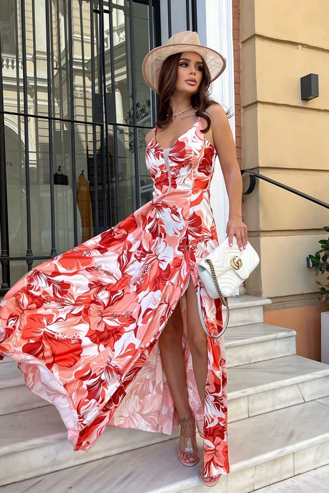 Love Lace Love Lace Women's Floral Satin Long Slip Dress with Slit in Orange