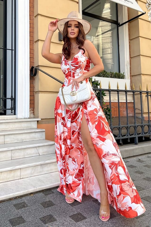 Love Lace Love Lace Women's Floral Satin Long Slip Dress with Slit in Orange - 2