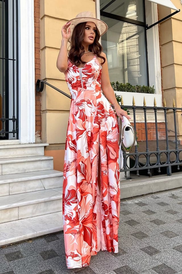 Love Lace Love Lace Women's Floral Satin Long Slip Dress with Slit in Orange - 3