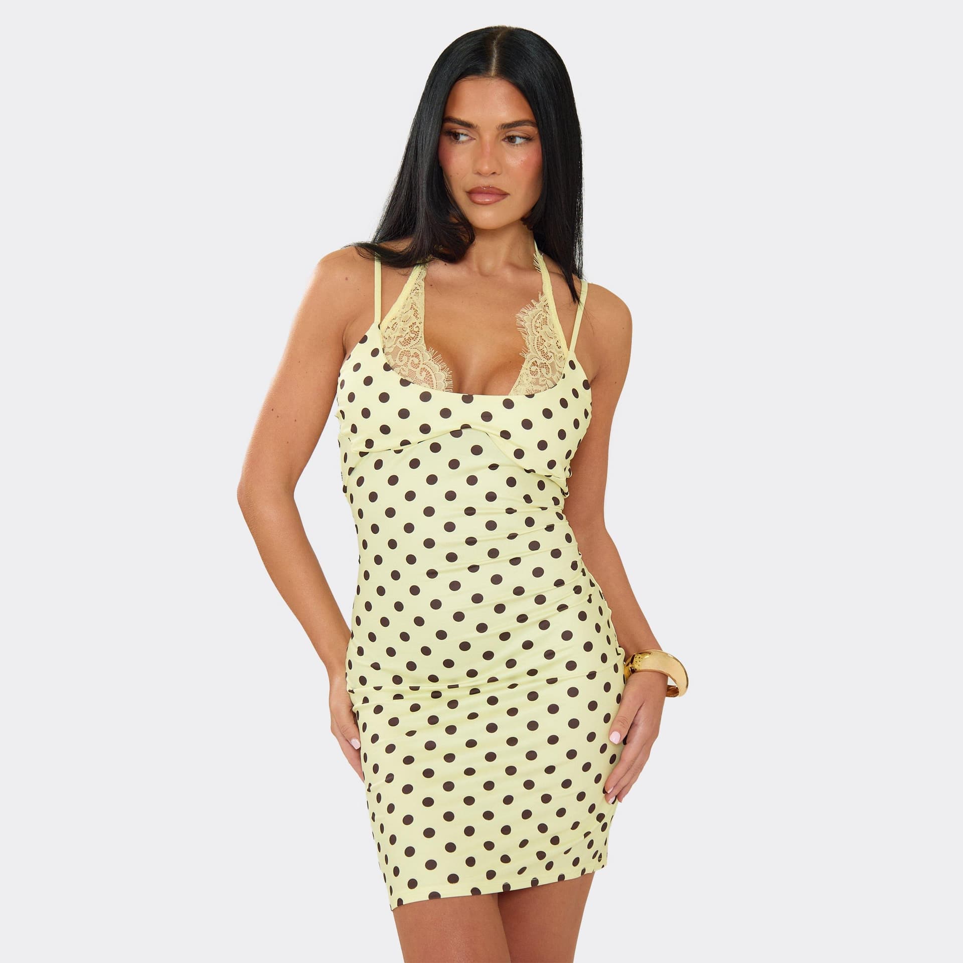 EGO Strappy Lace Trim Detail Mini Dress In Yellow Polka Dot, Women's Size UK M/L