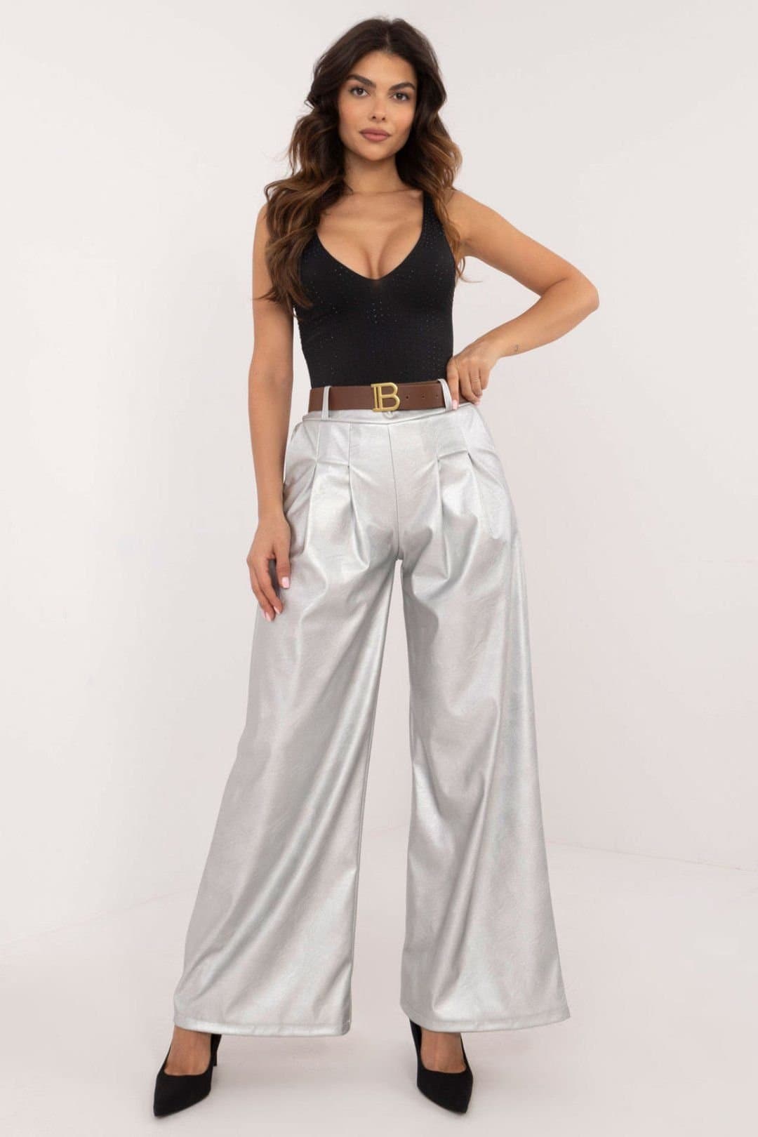 Love Lace Love Lace Women's Insulated Wide Leg Leather Trousers with Pockets in Silver