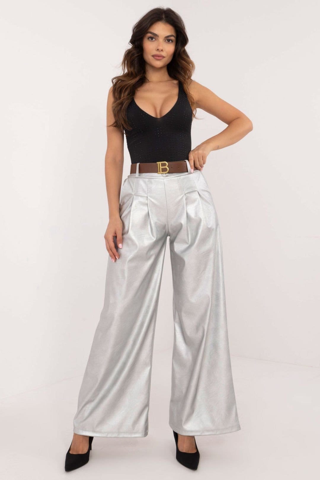 Love Lace Silver Leather-Look Wide Leg Trousers