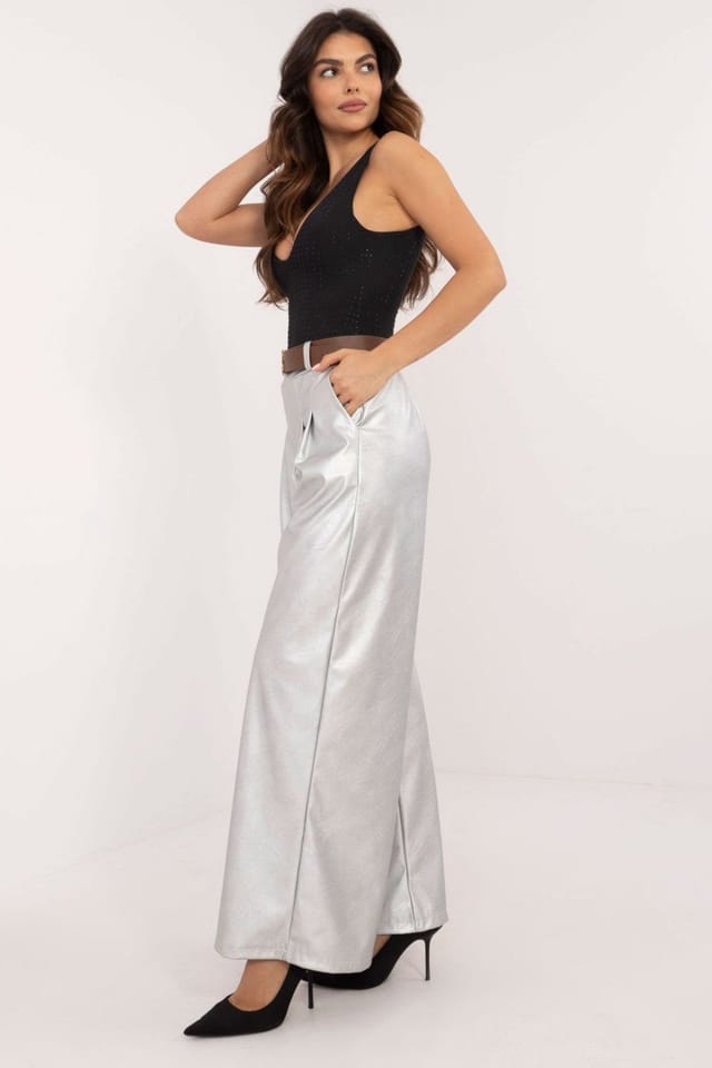 Love Lace Love Lace Women's Insulated Wide Leg Leather Trousers with Pockets in Silver - 2