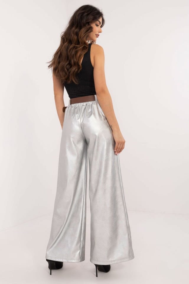 Love Lace Love Lace Women's Insulated Wide Leg Leather Trousers with Pockets in Silver - 3