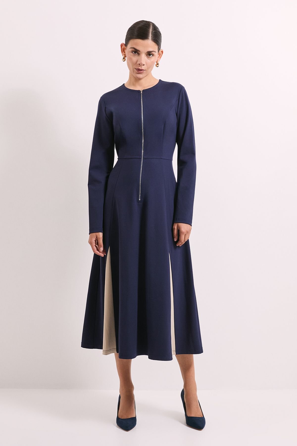 Principles Principles Women's Navy Zip Front Contrast Detail Ponte Midi Dress - 2