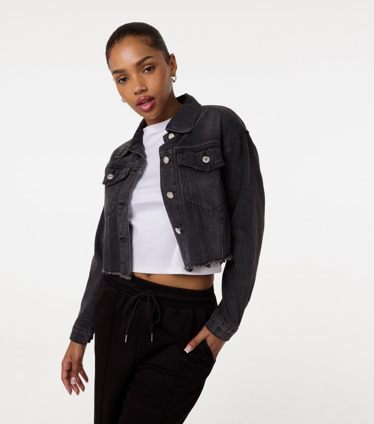 Pink Vanilla Pink Vanilla Black Crop Denim Jacket