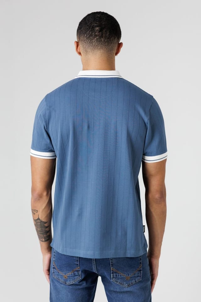 Firetrap Firetrap Men's Regular Fit Ribbed Cotton Button Polo in Mid Blue - 2