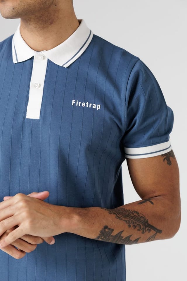 Firetrap Firetrap Men's Regular Fit Ribbed Cotton Button Polo in Mid Blue - 3