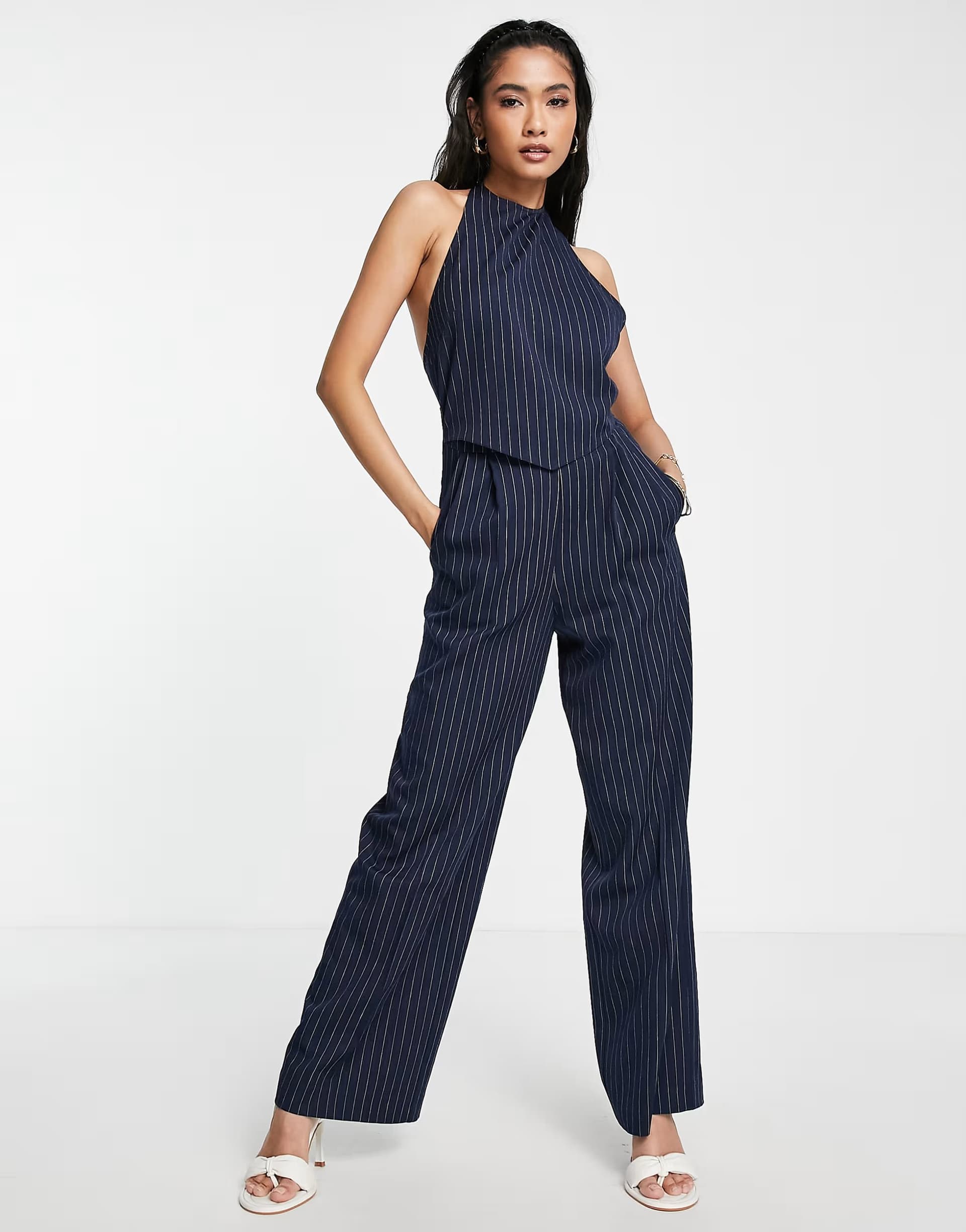 ASOS ASOS DESIGN 2 in 1 halter tailored jumpsuit in navy pinstripe