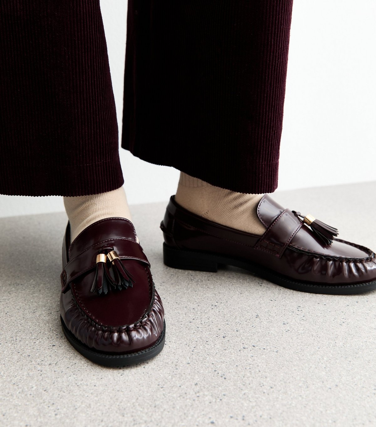 New Look Women's Wide Fit Burgundy Faux Leather Gold Tassel Loafers Vegan New Look - 3