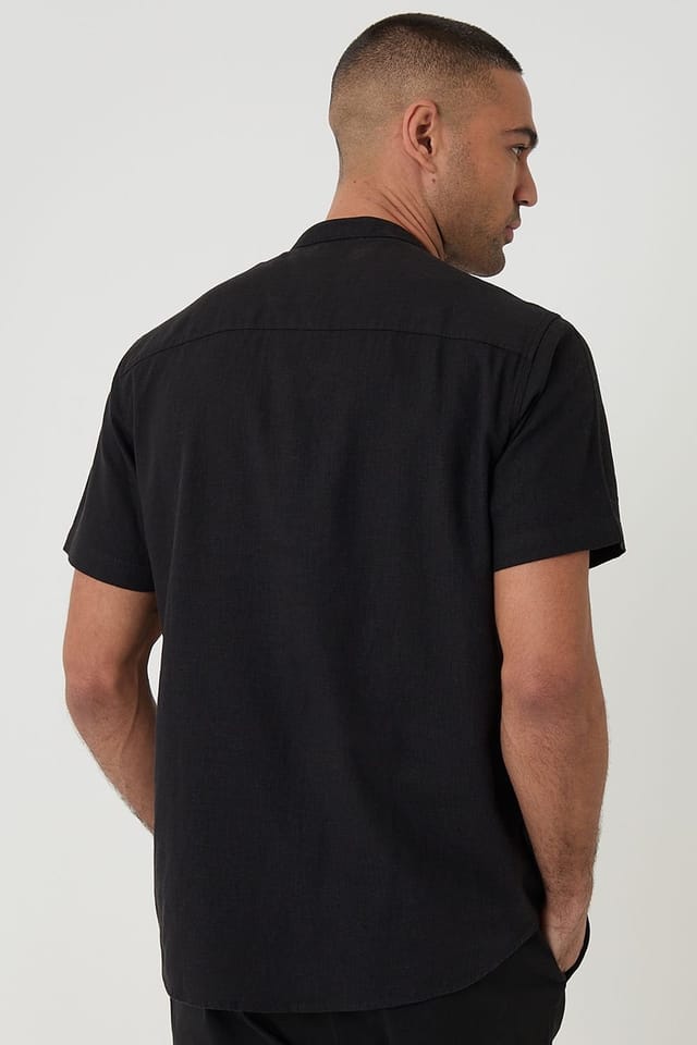 Threadbare Threadbare Men's Grandad Collar Linen Blend Short Sleeve Shirt in Black - 2