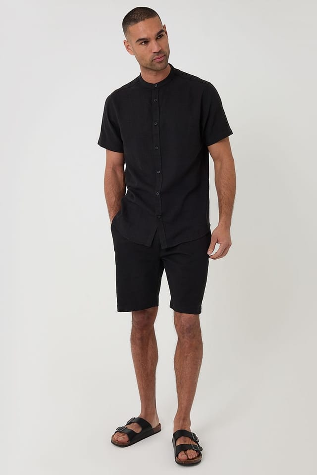 Threadbare Threadbare Men's Grandad Collar Linen Blend Short Sleeve Shirt in Black - 3