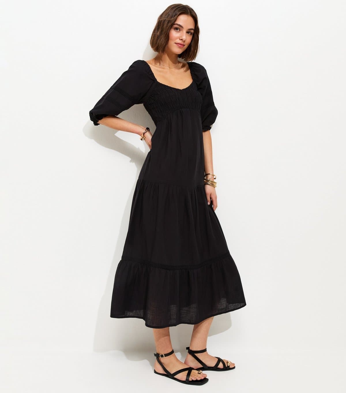 New Look Women's Black Shirred Milkmaid Midi Dress New Look