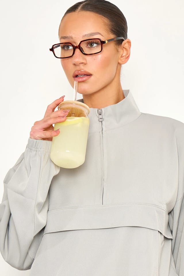 Kaiia Kaiia Woven Funnel Neck Quarter Zip Jacket Grey Blue - 2