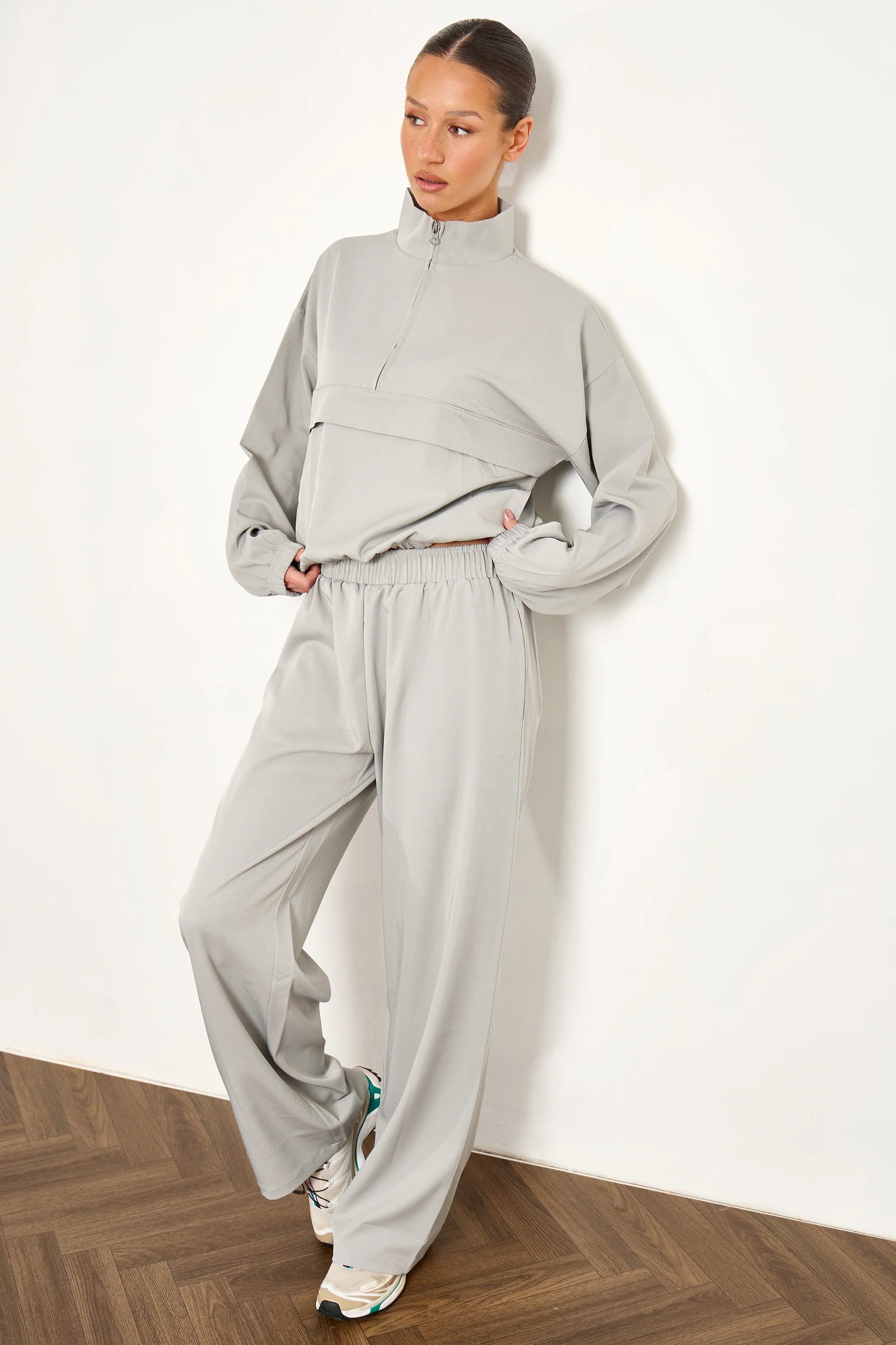Kaiia Kaiia Woven Funnel Neck Quarter Zip Jacket Grey Blue - 4