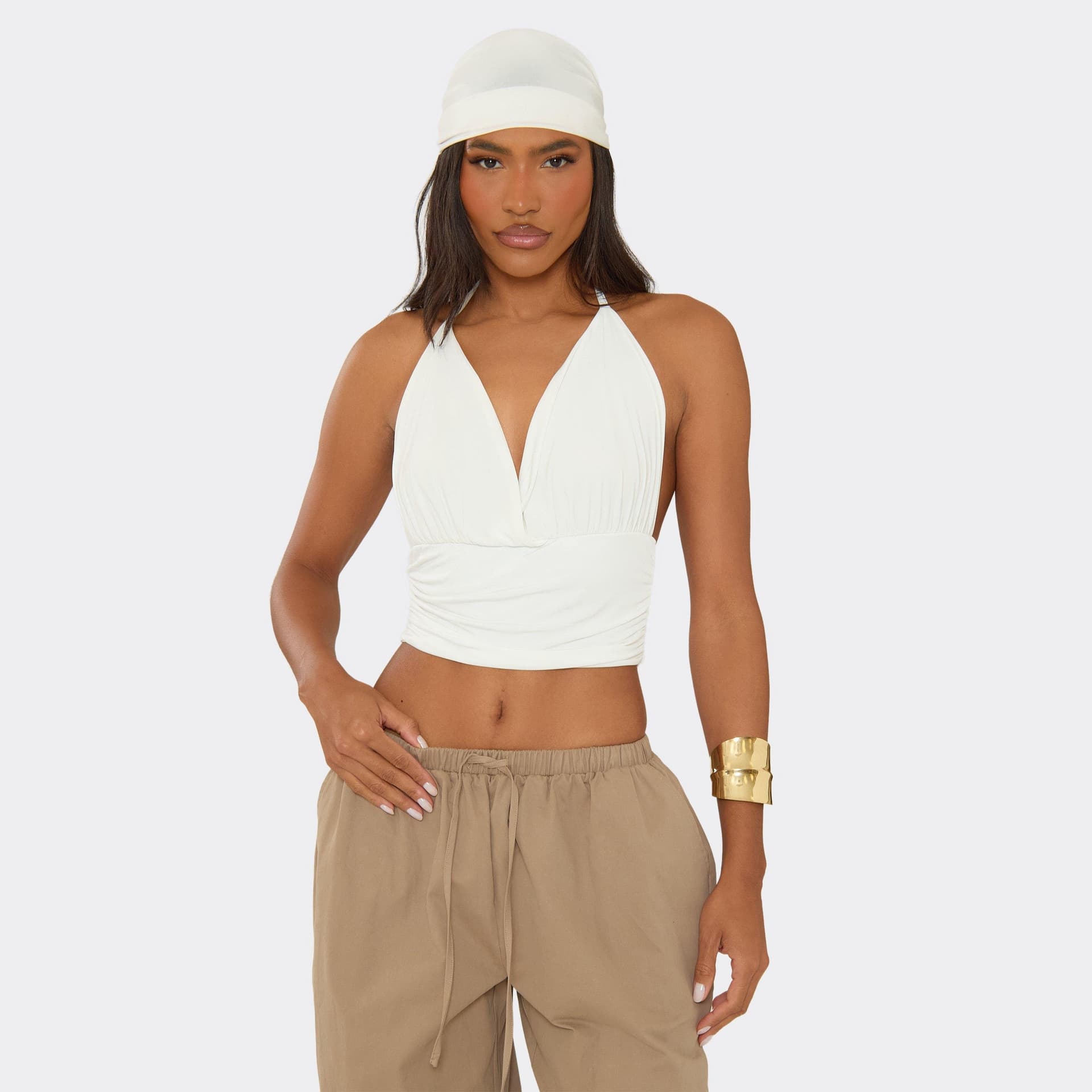 EGO Halterneck Plunge Front Top With Bandana Head Scarf In White, Women's Size UK 6