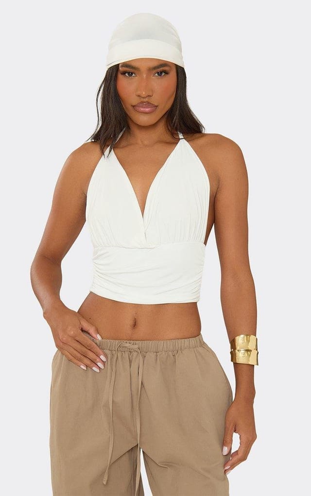 EGO Halterneck Plunge Front Top With Bandana Head Scarf In White, Women's Size UK 6 - 2