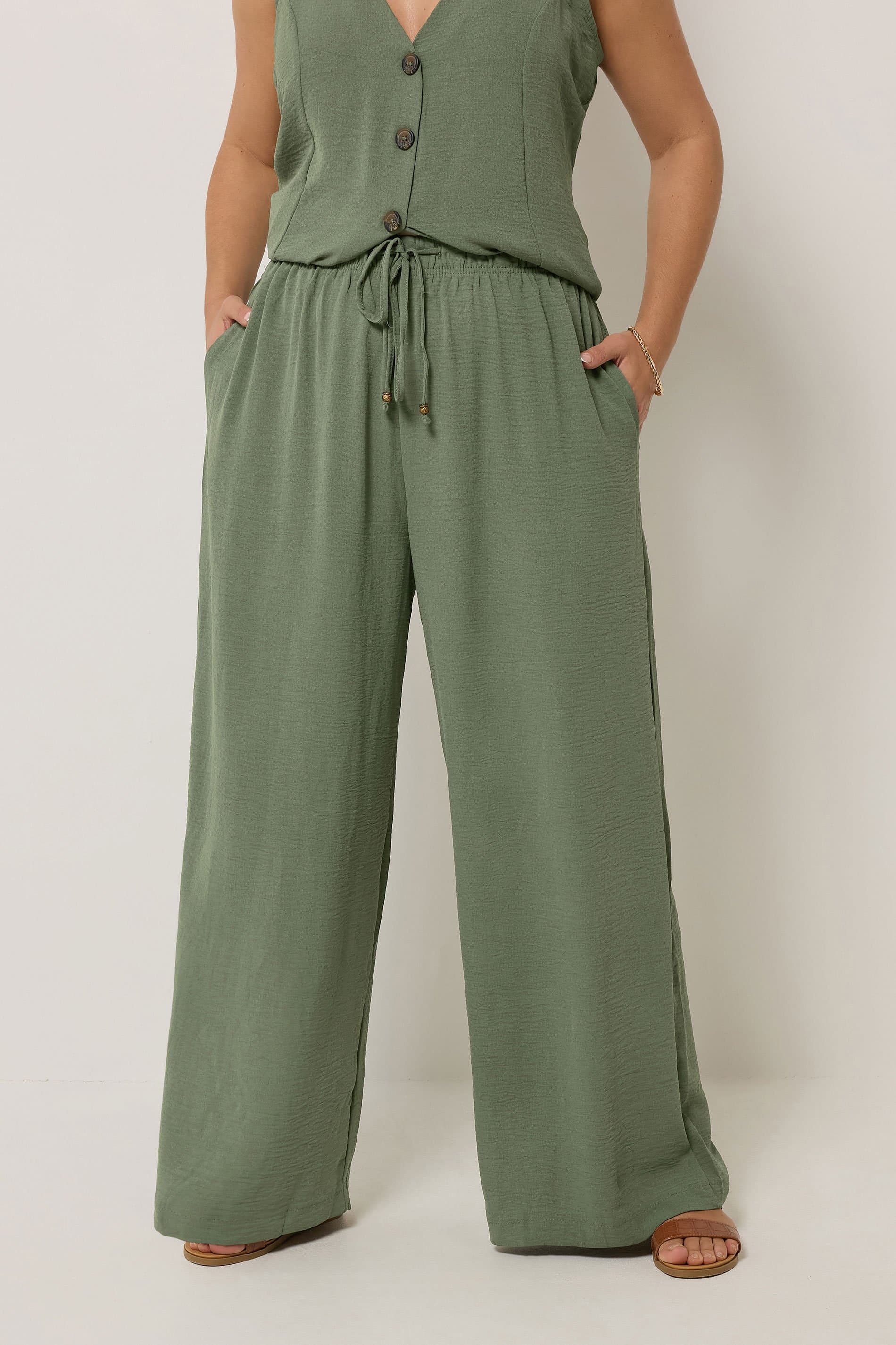 Yours Plus Size Khaki Green Twill Wide Leg Trousers