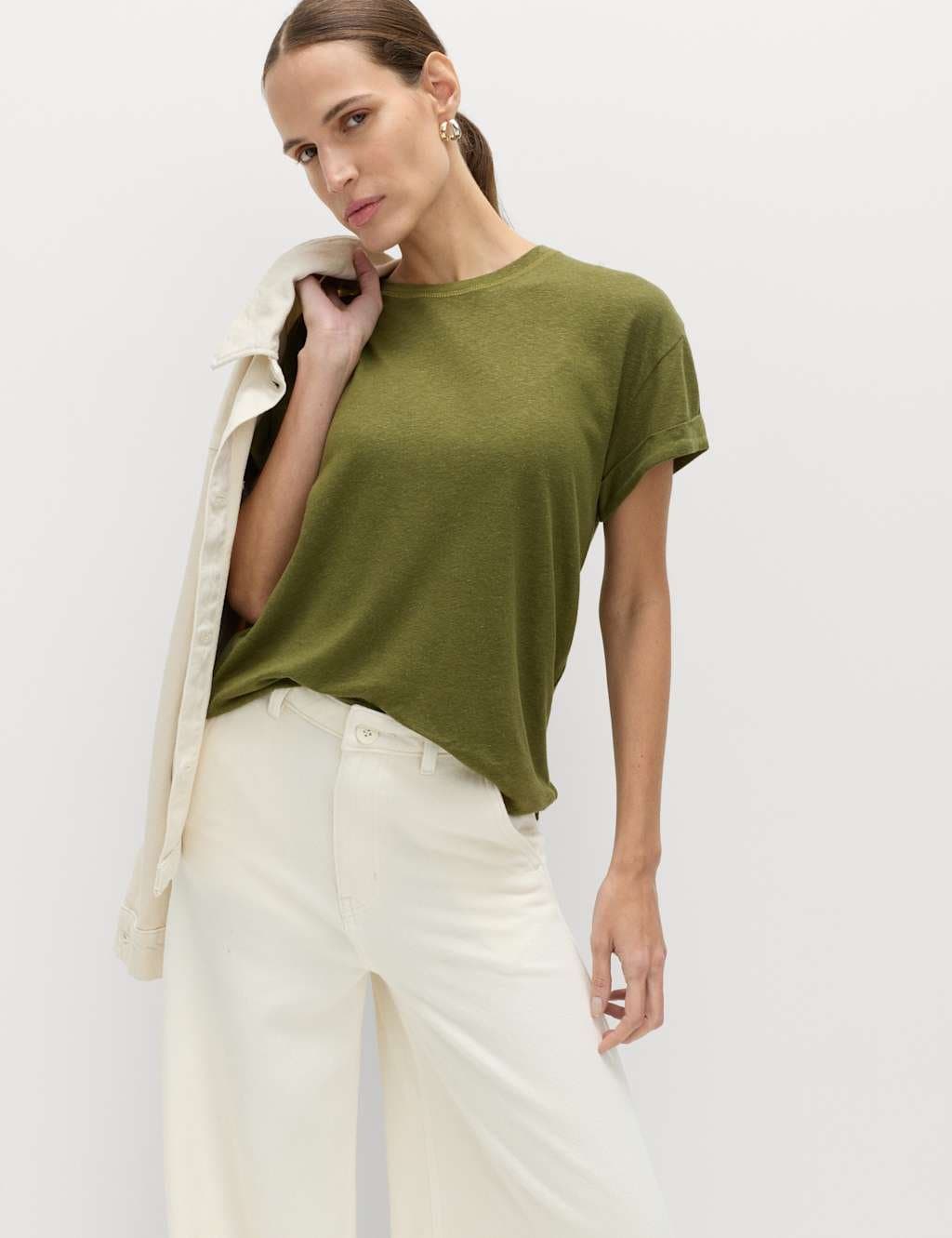 Marks & Spencer M&S Linen Blend T-Shirt Olive