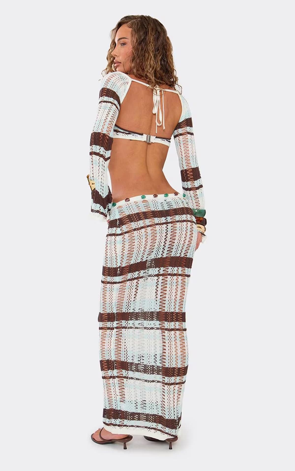EGO Low Rise Beaded Detail Maxi Skirt In Blue Striped Knit., Women's Size UK L