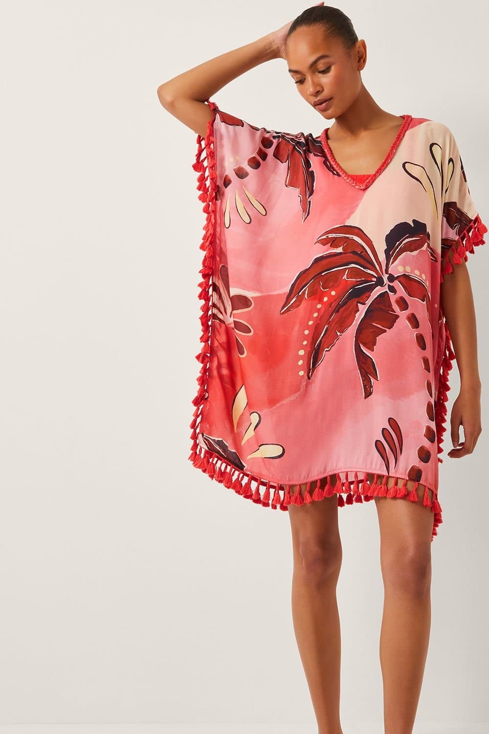 Monsoon Monsoon Women's Alex Palm Tassel Mini Kaftan Orange