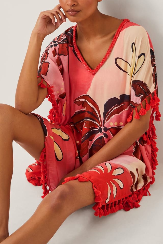 Monsoon Monsoon Women's Alex Palm Tassel Mini Kaftan Orange - 3