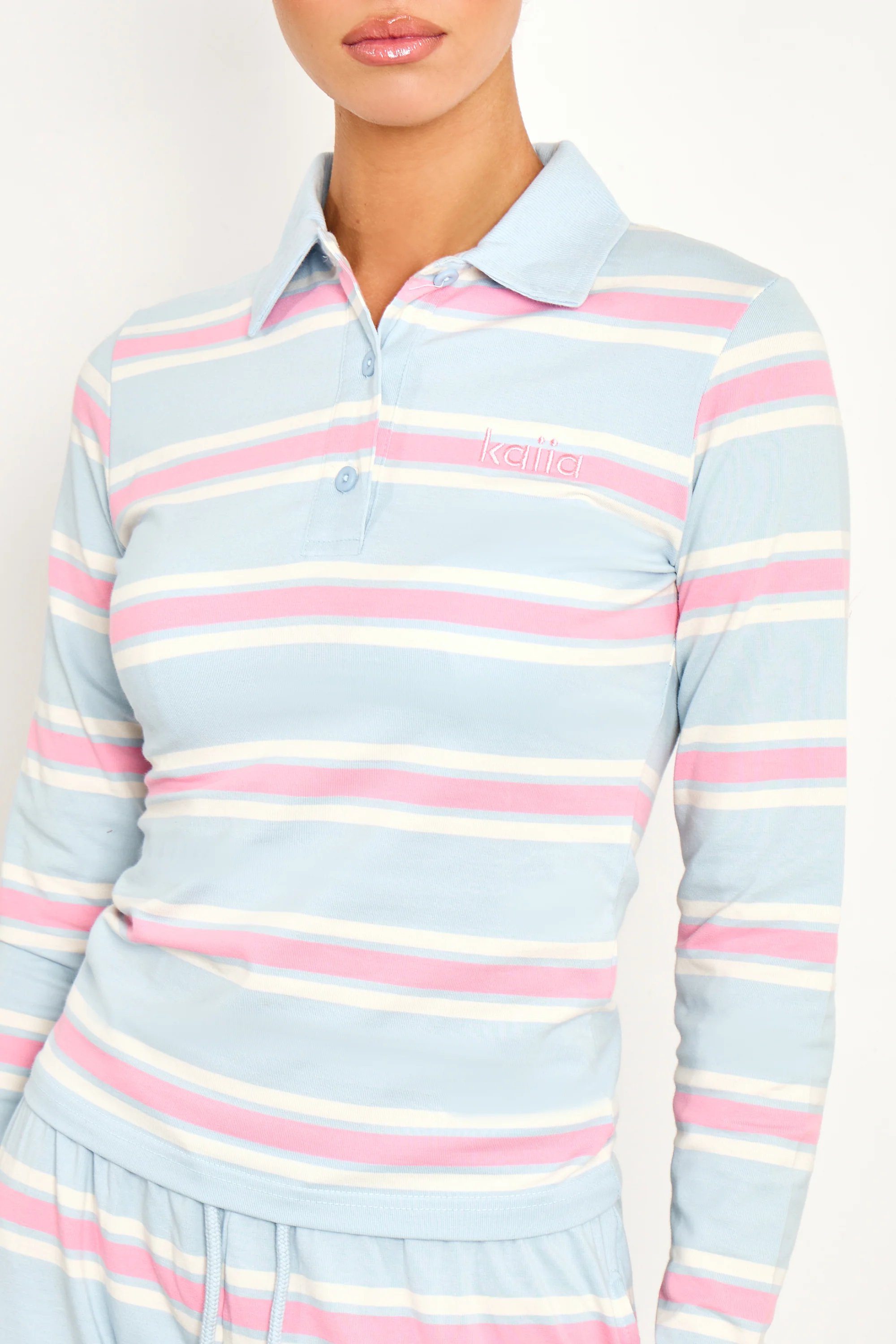 Kaiia Kaiia Striped Long Sleeve Polo Top Baby Pink & Baby Blue - 2