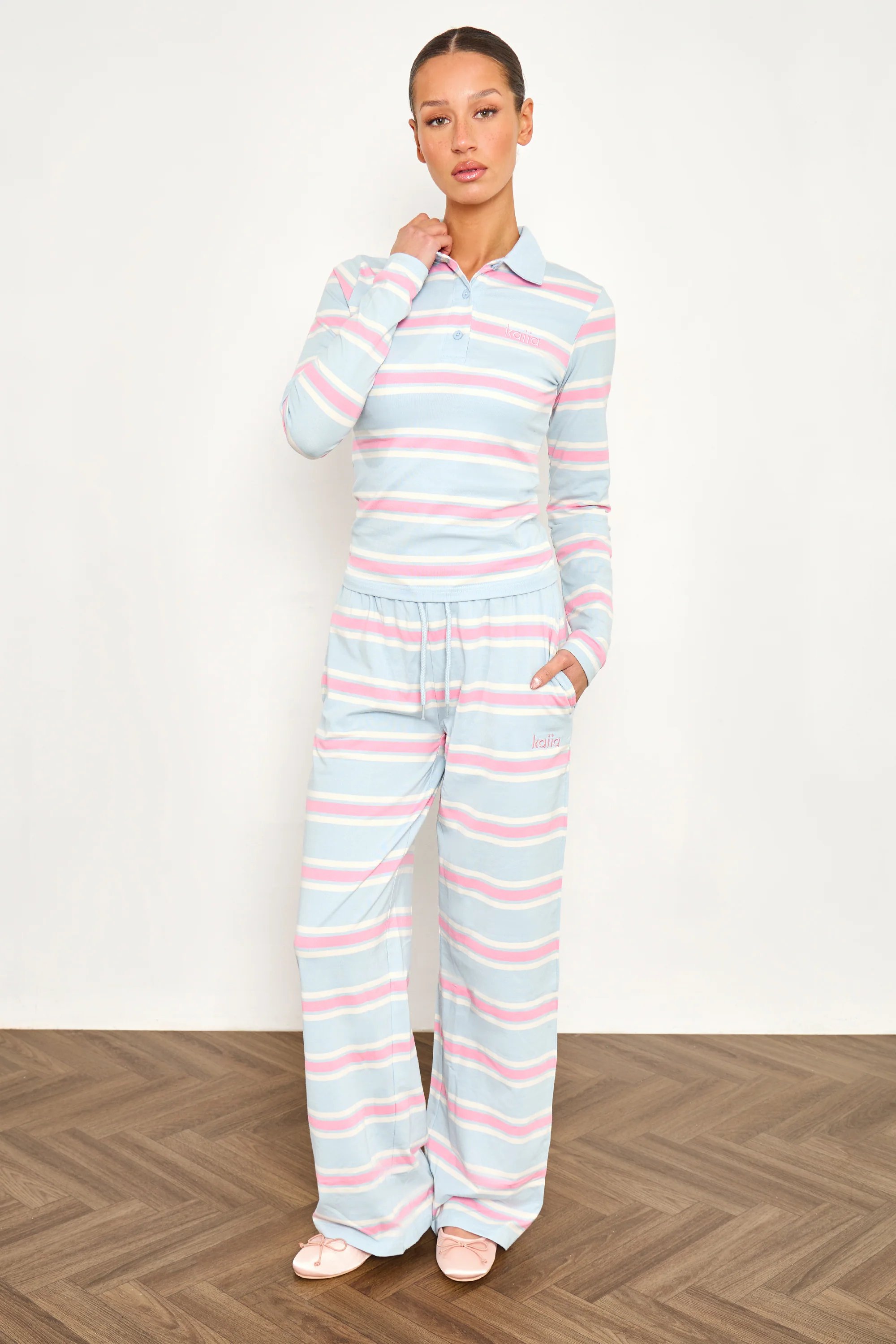 Kaiia Kaiia Striped Long Sleeve Polo Top Baby Pink & Baby Blue - 3