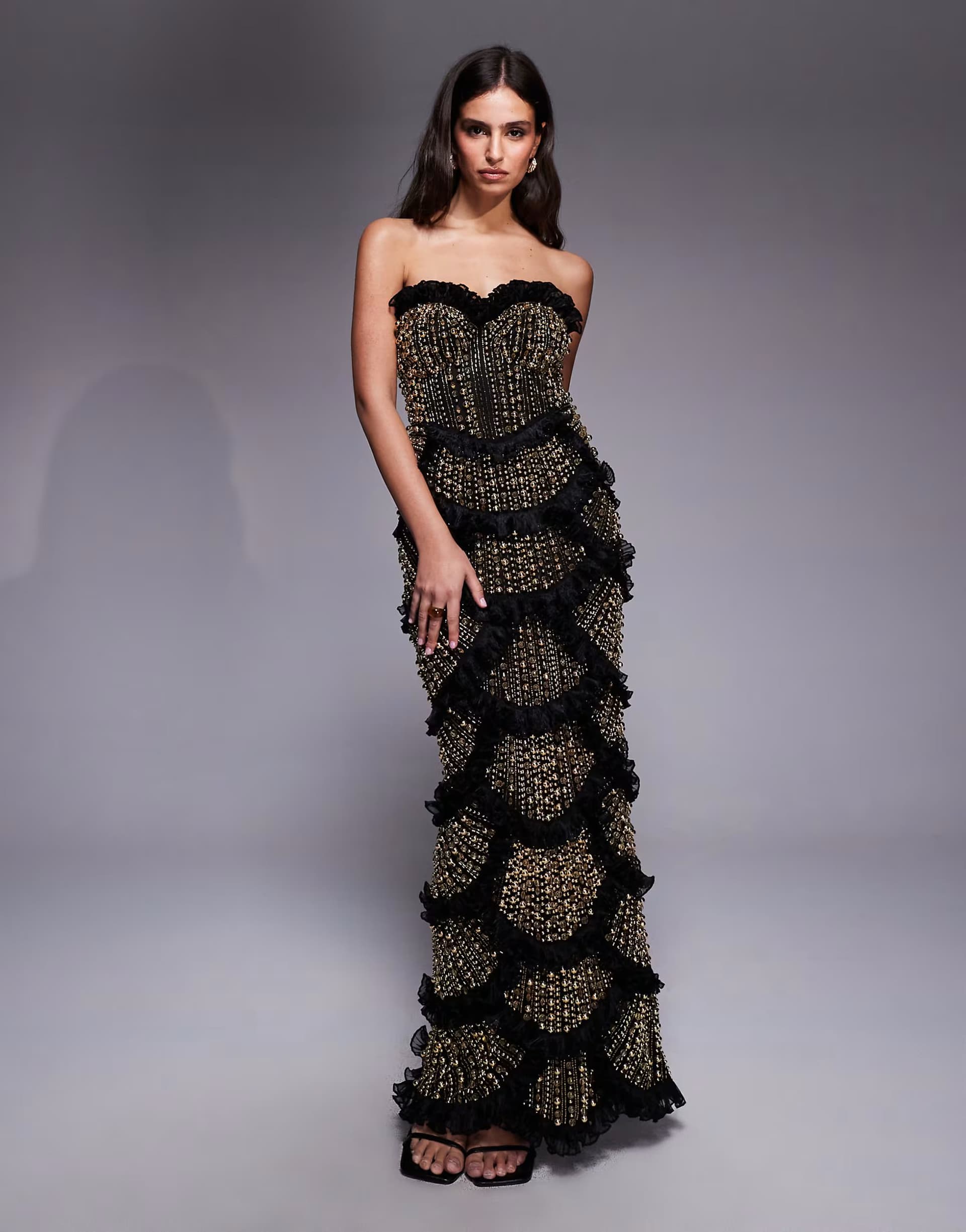 ASOS ASOS LUXE gem embellished bandeau maxi dress with scallop hem in black and gold