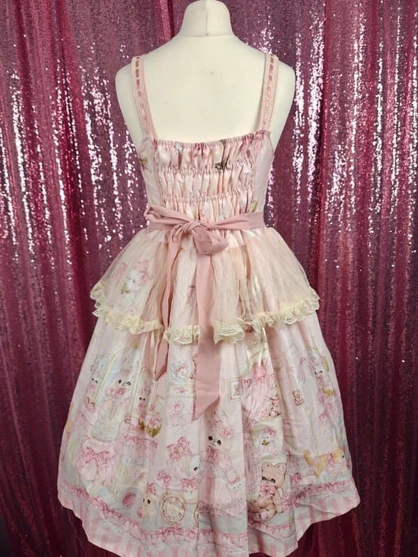 Lolita 白糖少女 pink & cream lace chibi teddy tea room motif sweet Lolita jsk midi dress size XS-S