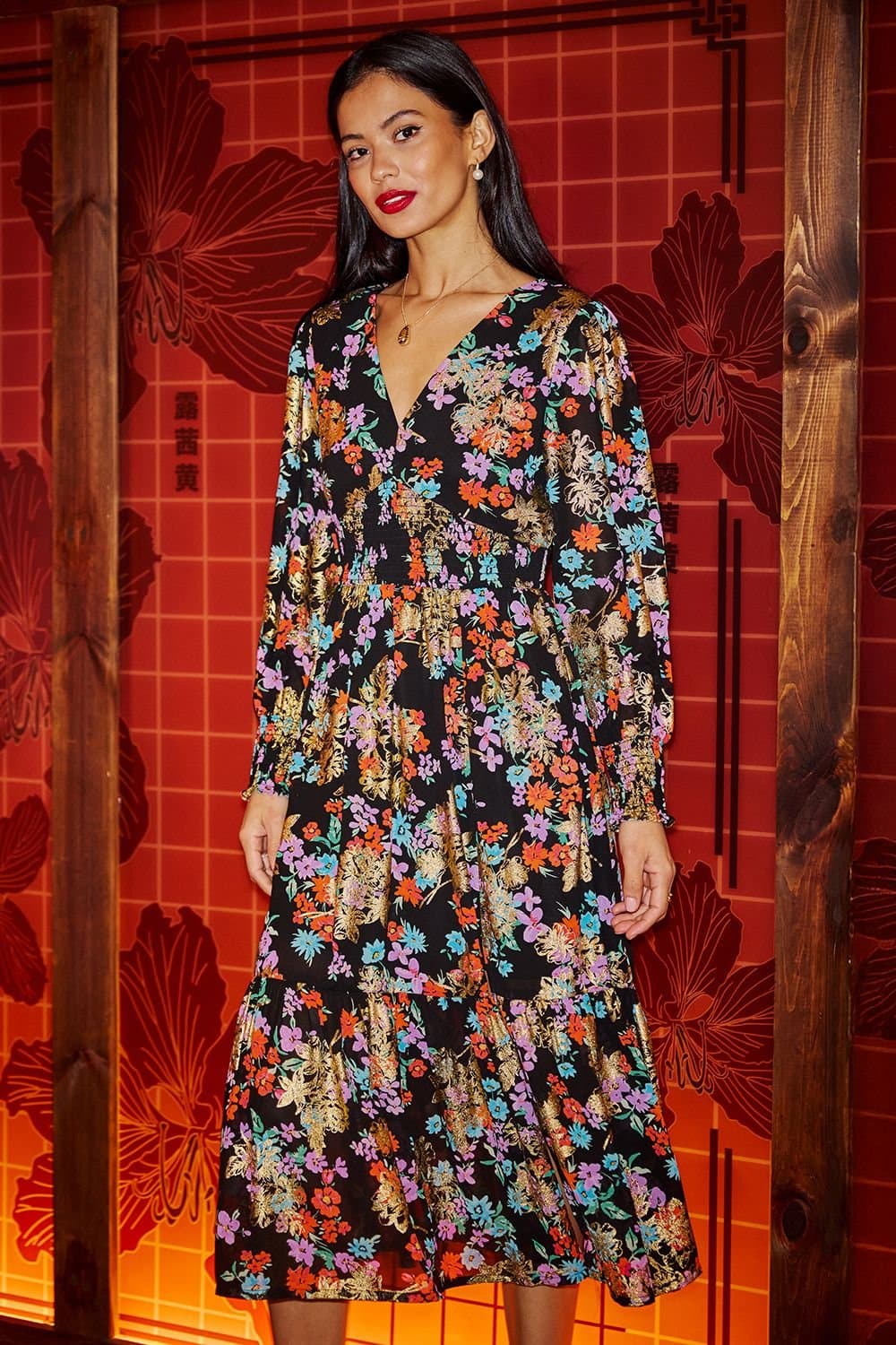 Yumi Yumi Women's Black Floral & Foil Ruched Midi Dress With Split Hemline