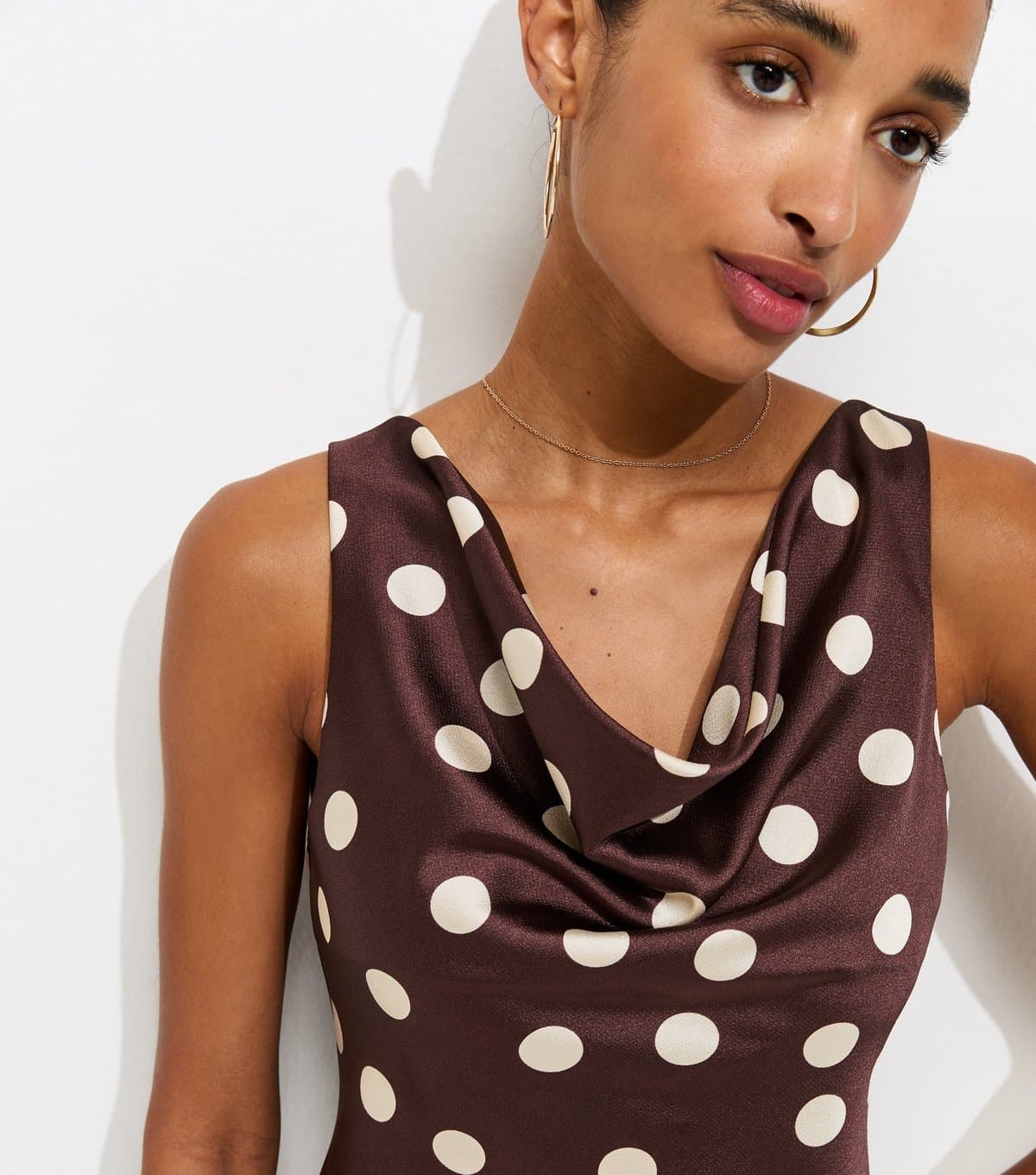 New Look Women's Red Polka Dot Print Satin Sleeveless Cowl Neck Top New Look