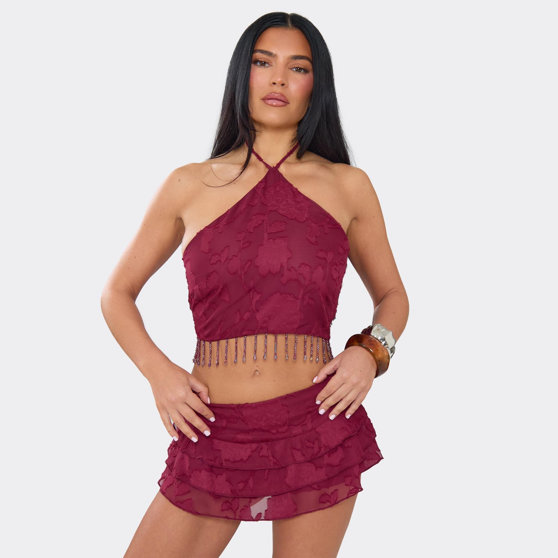 EGO Halterneck Tassel Trim Top In Wine, Women's Size UK 6