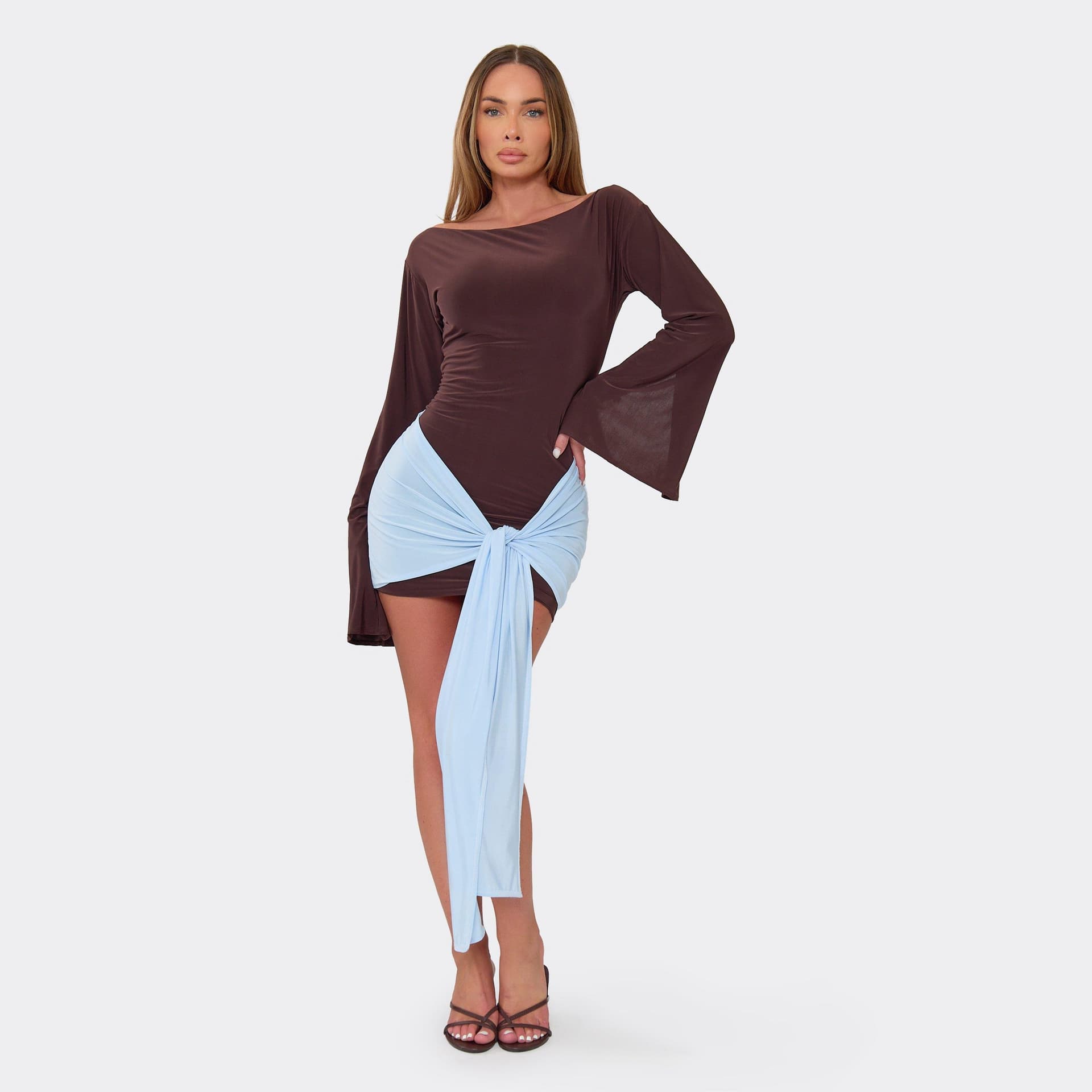 EGO Long Flared Sleeve Contrast Drape Detail Mini Bodycon Dress In Chocolate Brown Slinky, Women's Size UK 6