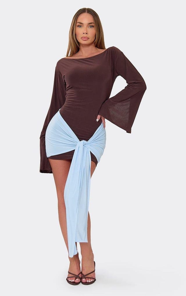 EGO Long Flared Sleeve Contrast Drape Detail Mini Bodycon Dress In Chocolate Brown Slinky, Women's Size UK 6 - 2
