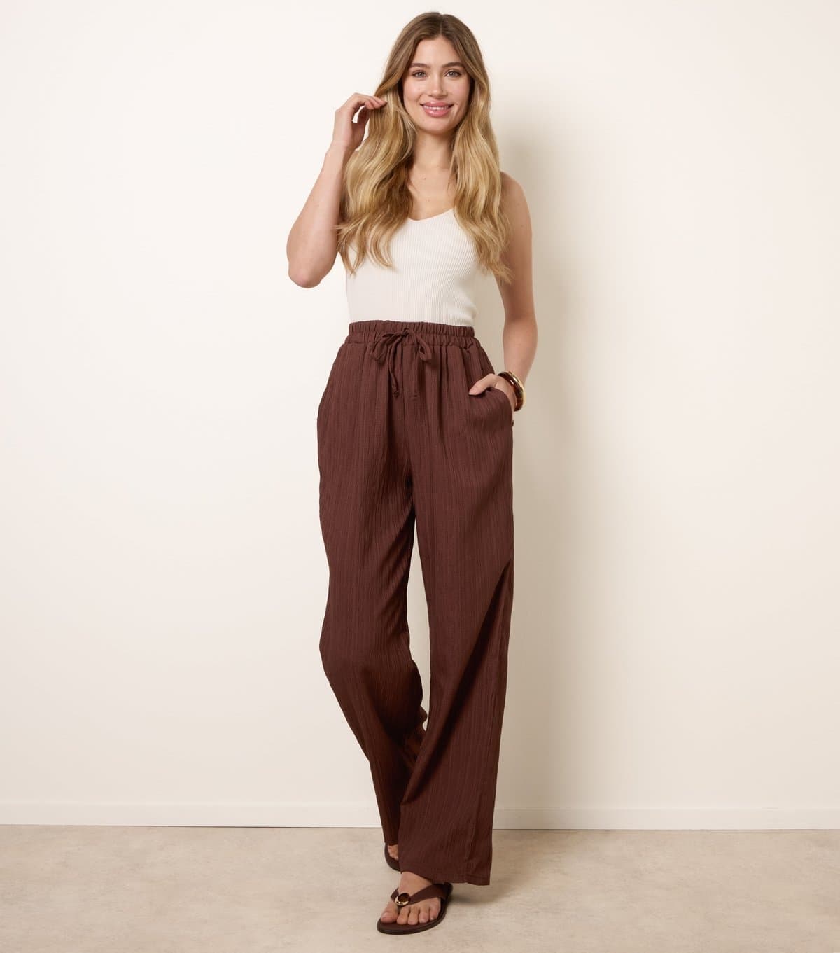 Blue Vanilla Women's Dark Brown Textured Drawcord Wide Leg Trousers Blue Vanilla New Look
