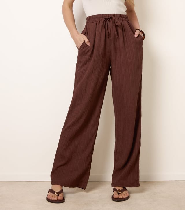 Blue Vanilla Women's Dark Brown Textured Drawcord Wide Leg Trousers Blue Vanilla New Look - 2