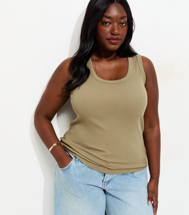 New Look Women's Plus Size Light Khaki Ribbed Scoop Neck Vest Curves New Look - 2